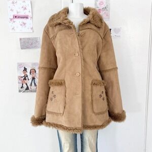 Vintage Tan Faux Suede Fur Trim Embroidered Coat Jacket Y2K Penny Lane